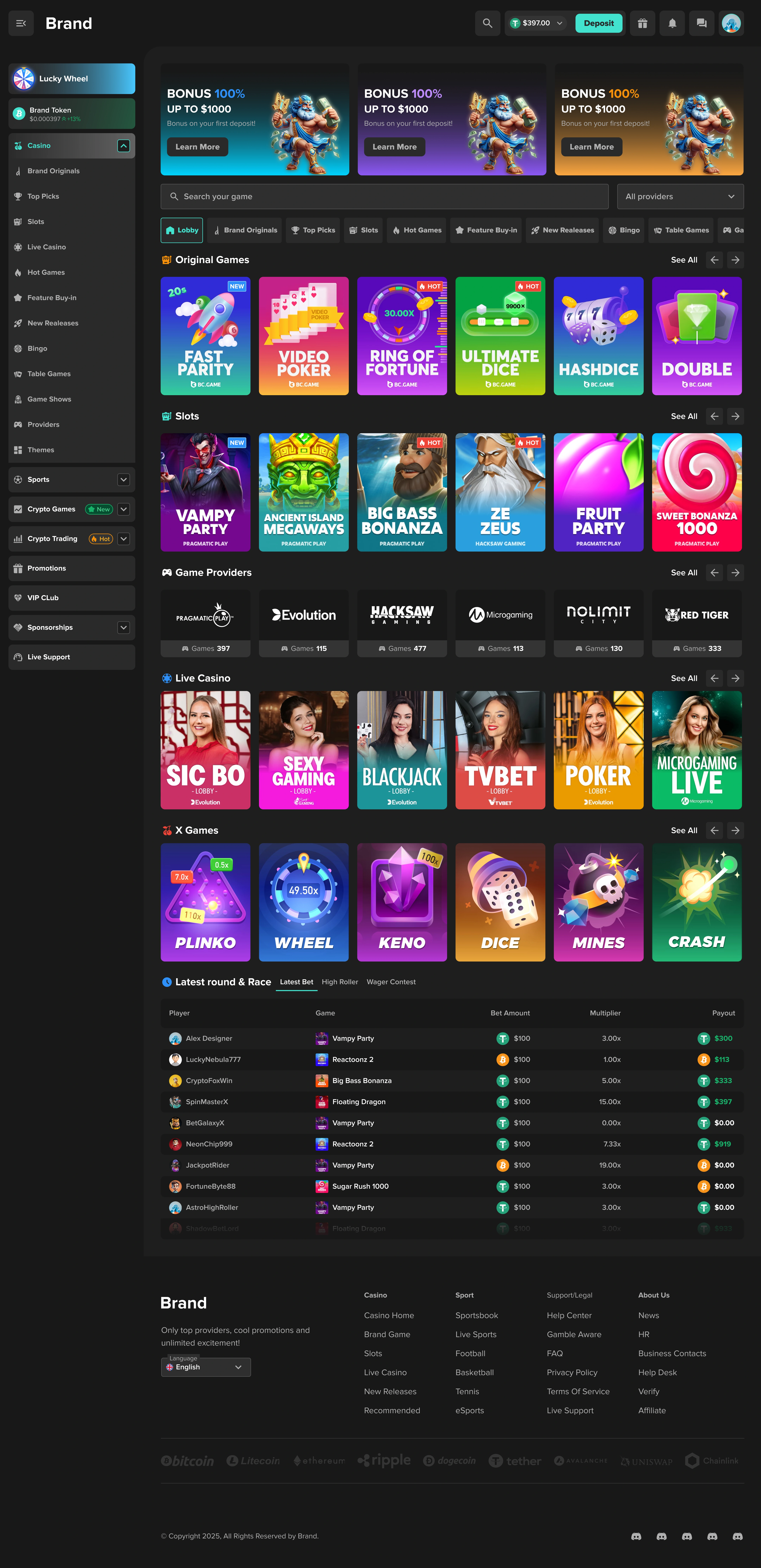 Crypto iGaming casino lobby overview with category navigation, provider rows, game collections, and latest bets modules.