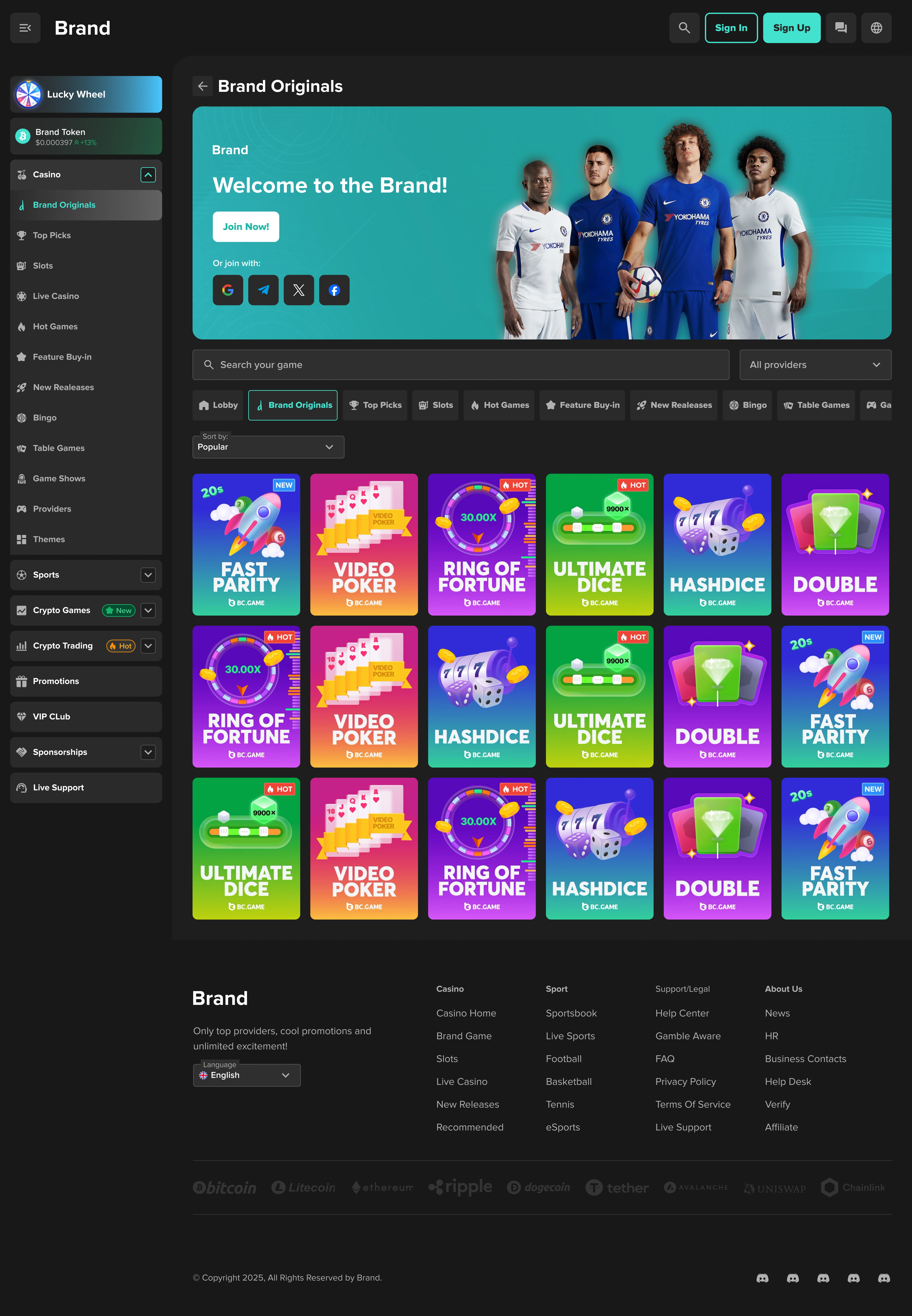 Crypto iGaming category detail page for casino discovery with category tabs, search, filters, and repeated game grid patterns.