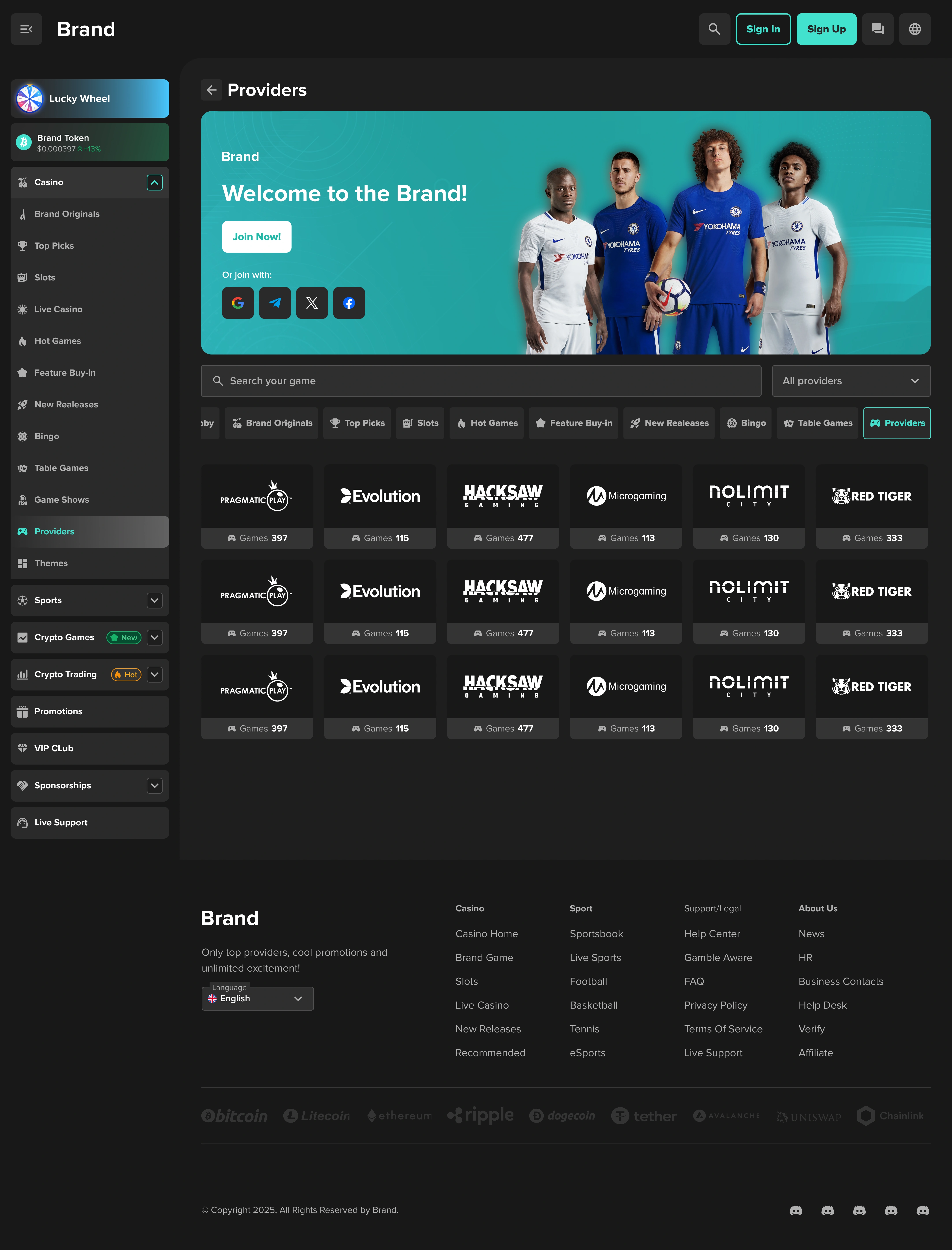 Crypto iGaming providers detail page showing provider-specific discovery, provider grid cards, and integrated search and filter controls.