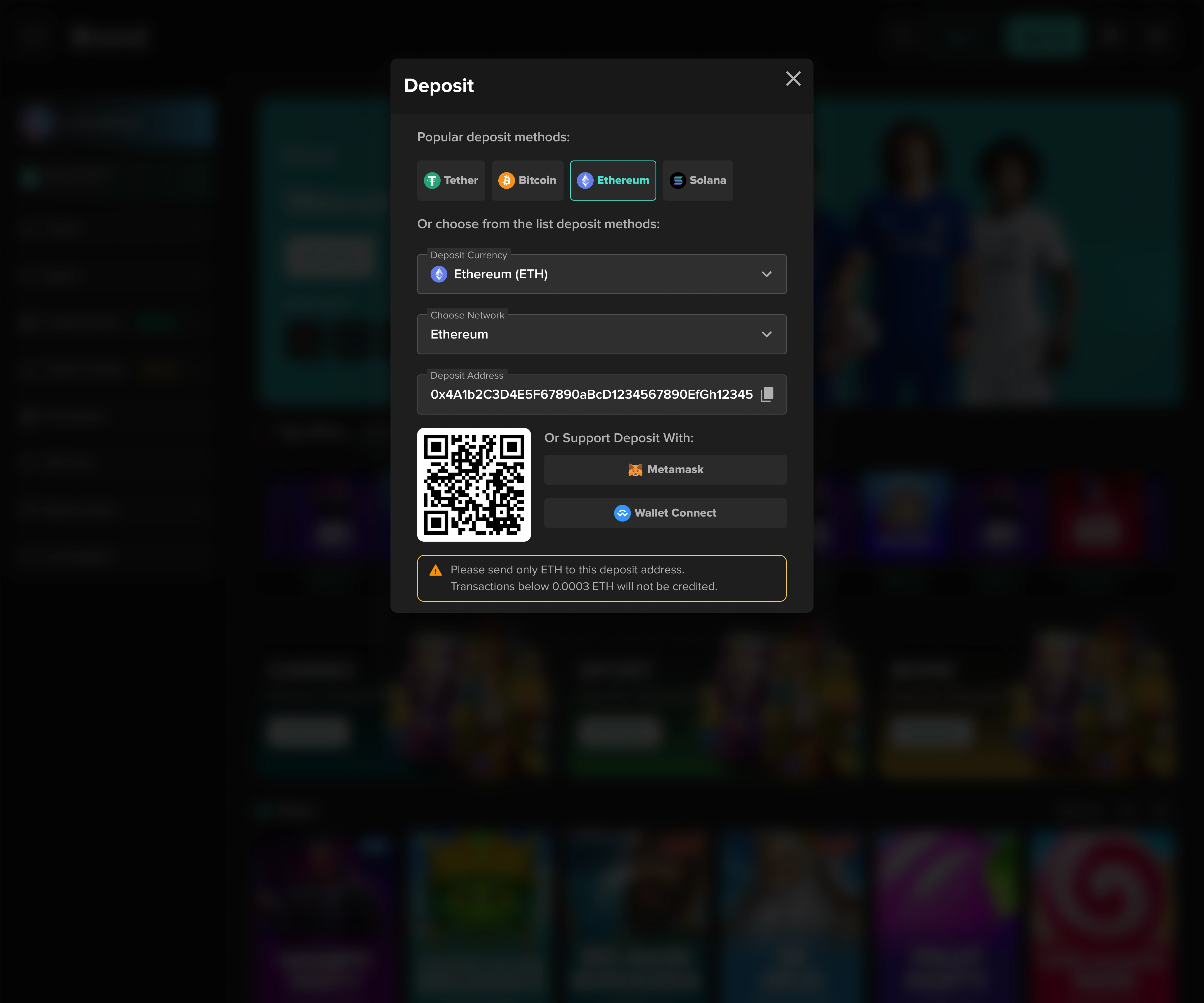 Crypto iGaming deposit modal showing popular deposit methods, currency and network selection, deposit address, QR code, and wallet connection actions.