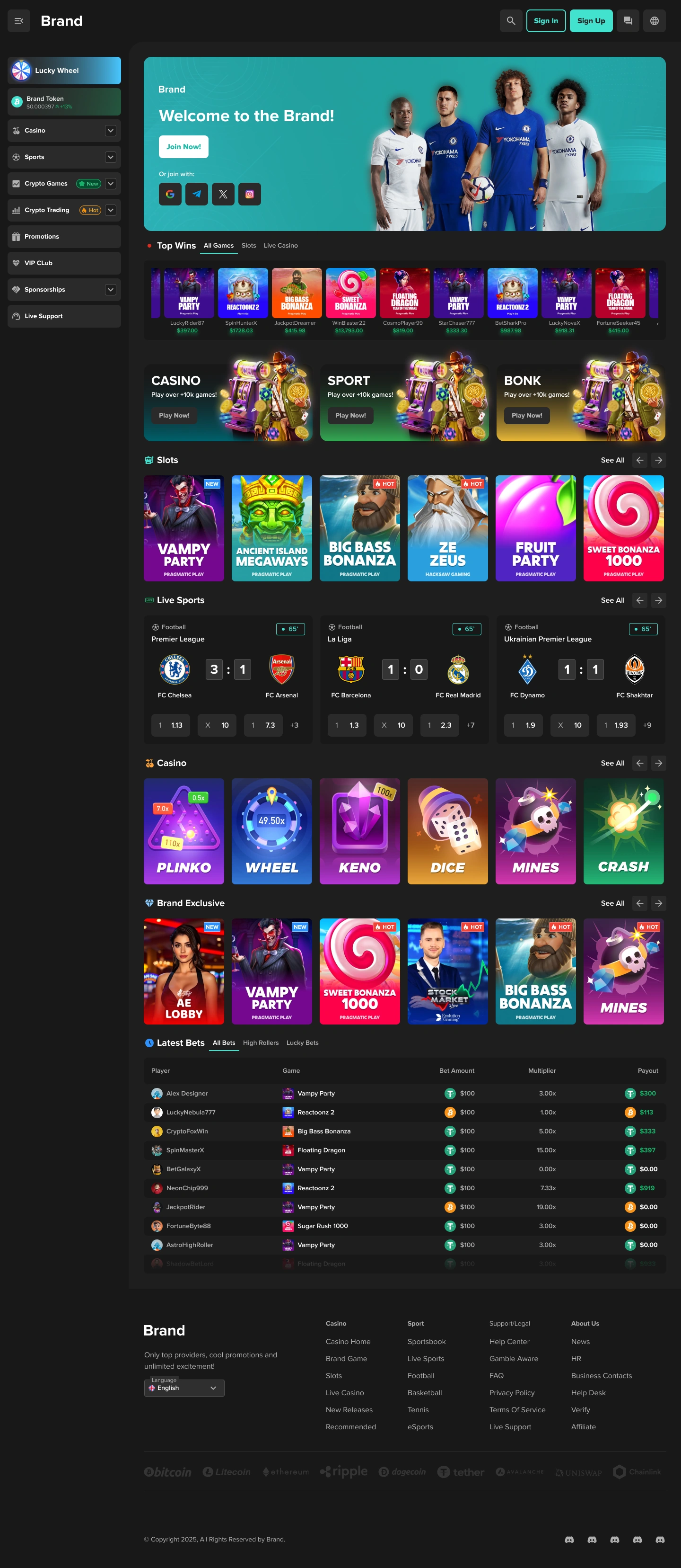 Crypto iGaming desktop home page with opened left navigation and signed-out state across the main lobby surface.