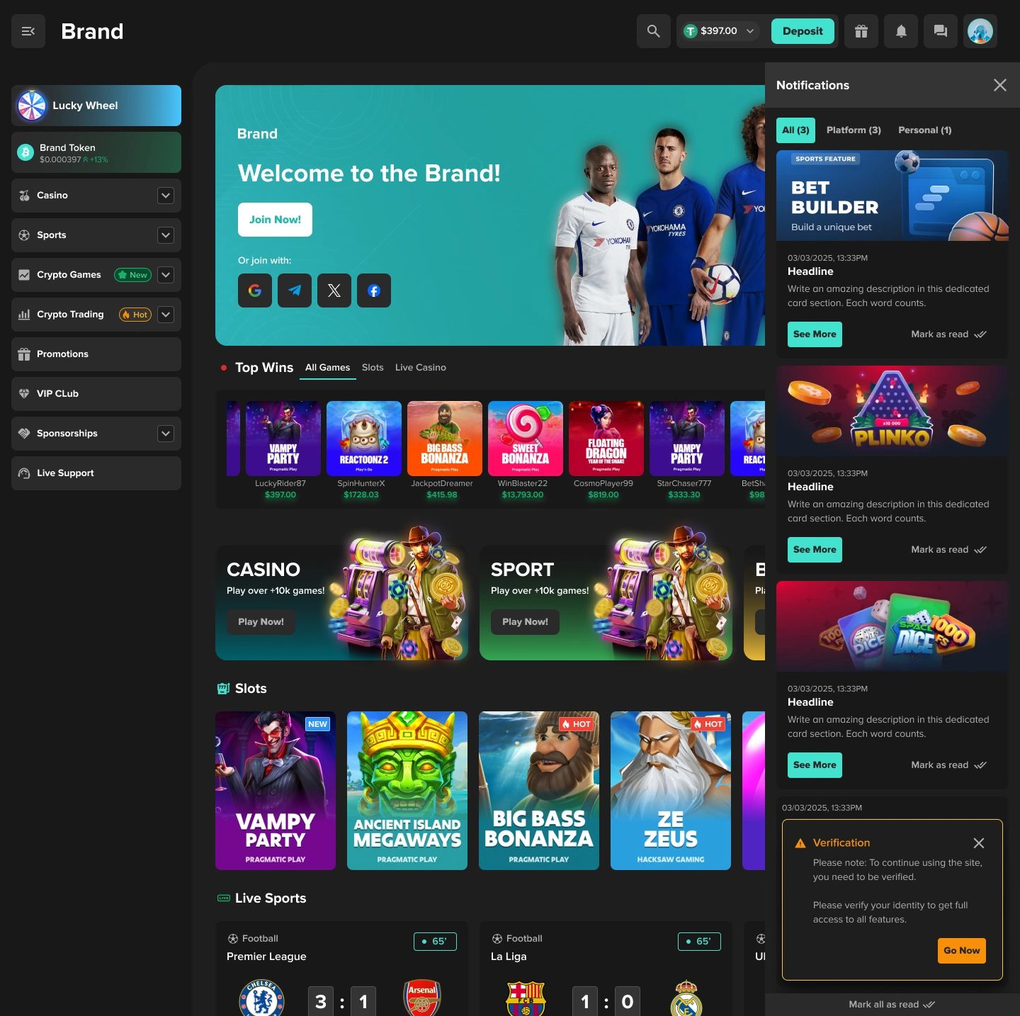 Crypto iGaming desktop home page with the notifications drawer opened over the main lobby surface.