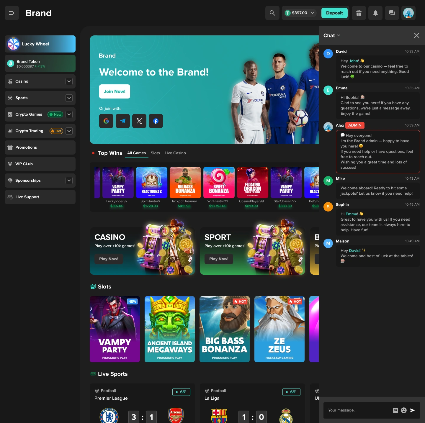 Crypto iGaming desktop home page with the community chat panel opened on the right side.