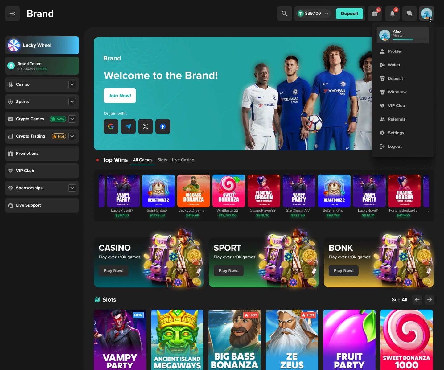 Crypto iGaming desktop home page with the logged-in account menu opened from the profile avatar.
