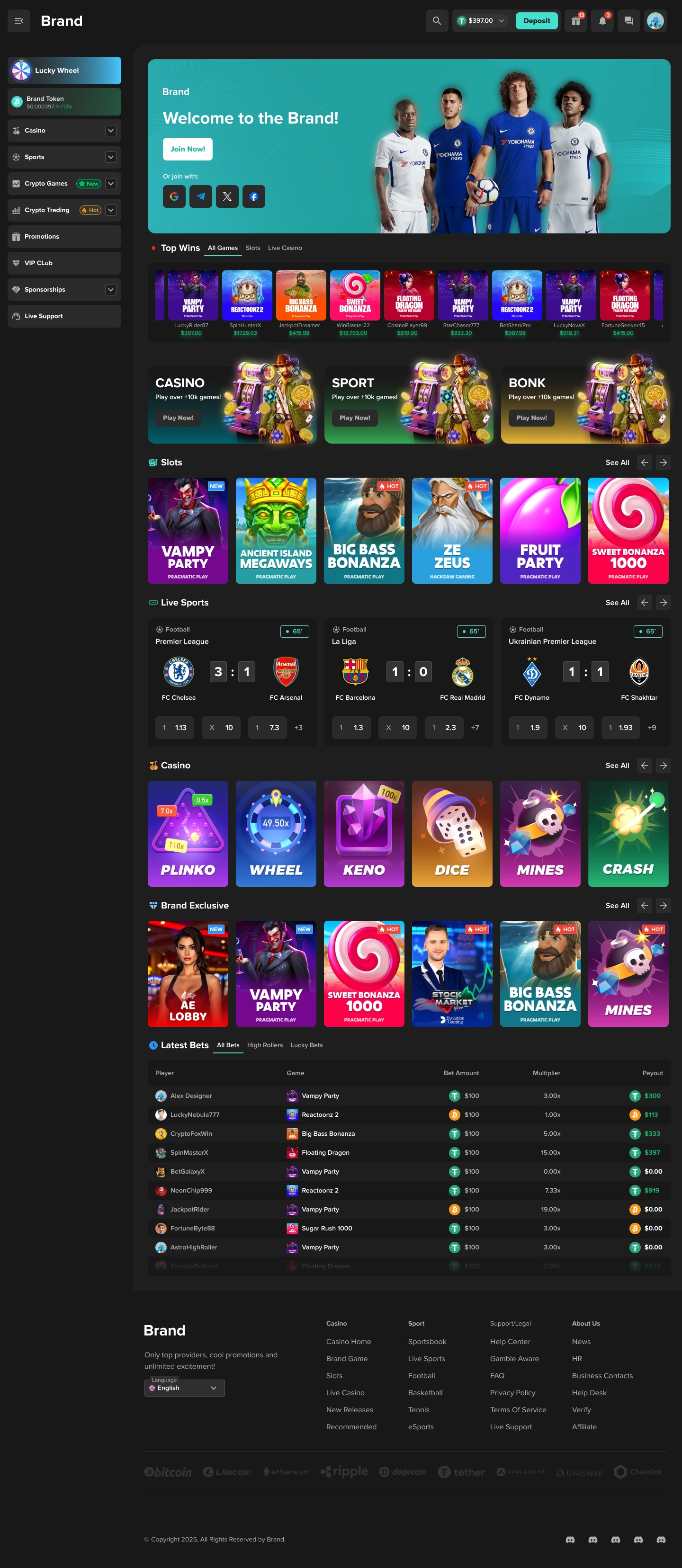 Crypto iGaming desktop home page with logged-in account state across the primary product surface.