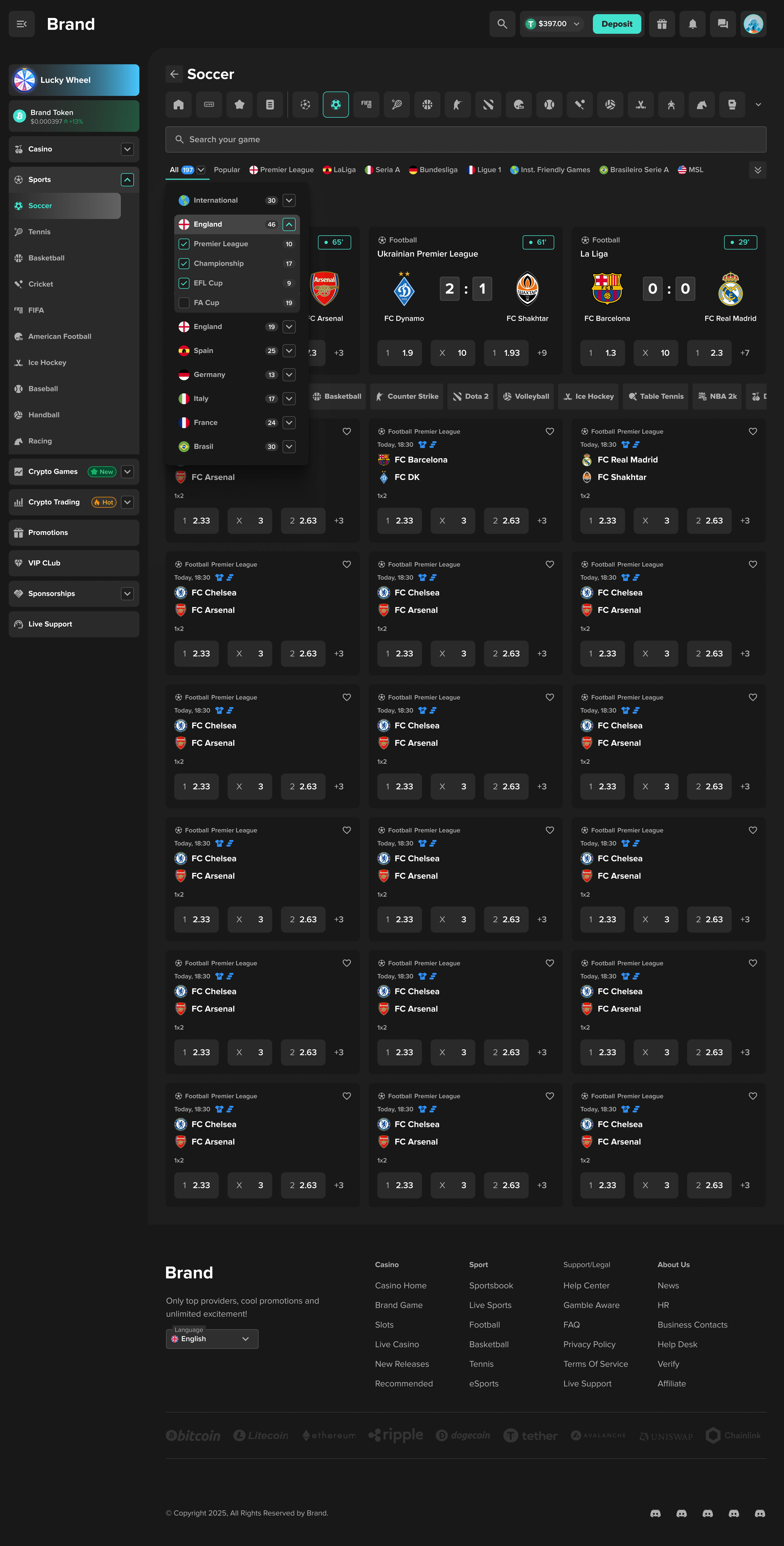 Crypto iGaming soccer section showing the open all-leagues menu, layered filters, and event card grid for pre-match browsing.