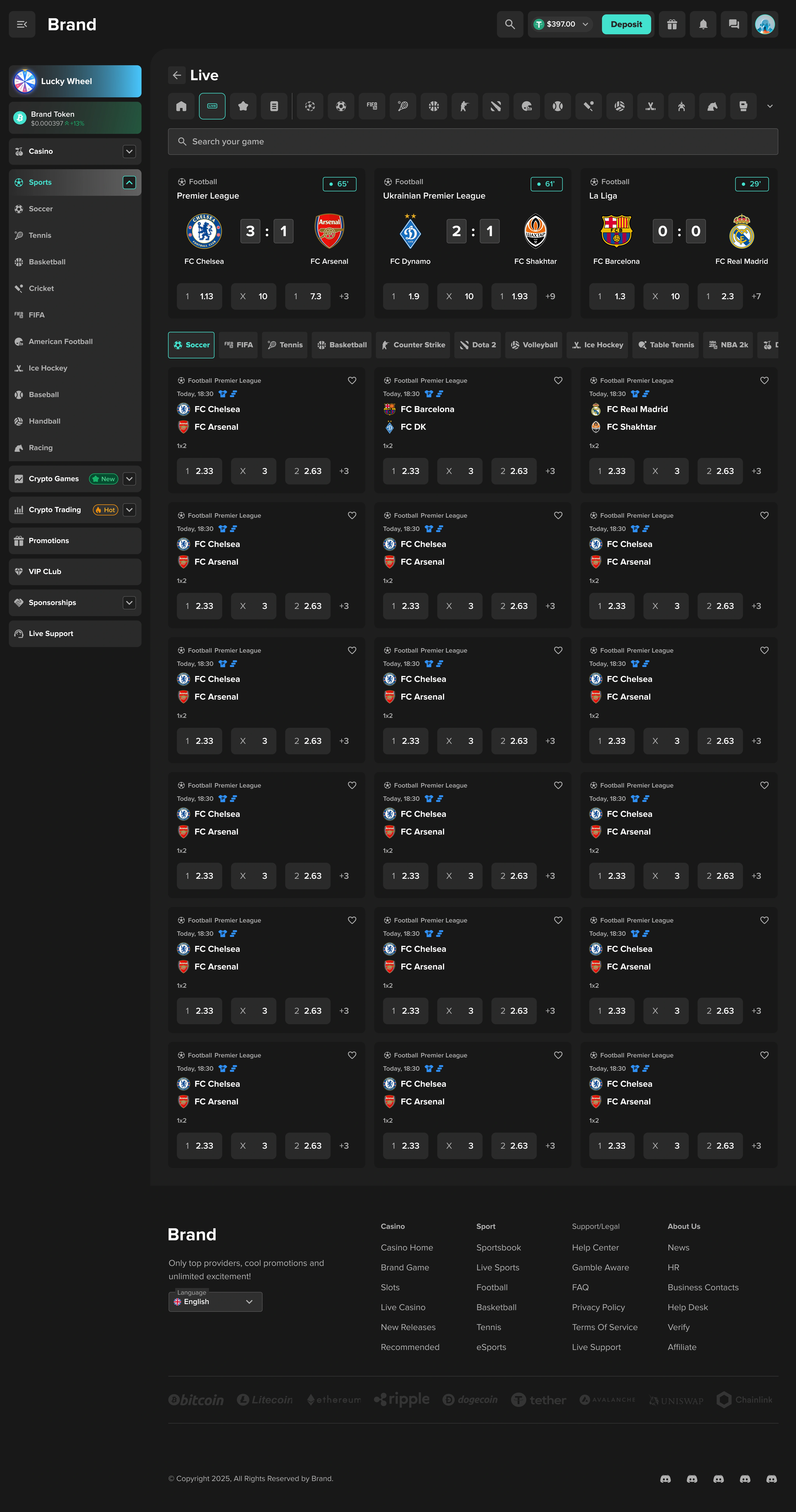 Crypto iGaming live event detail page showing in-play scores, market groups, and event-specific betting options in a live betting layout.