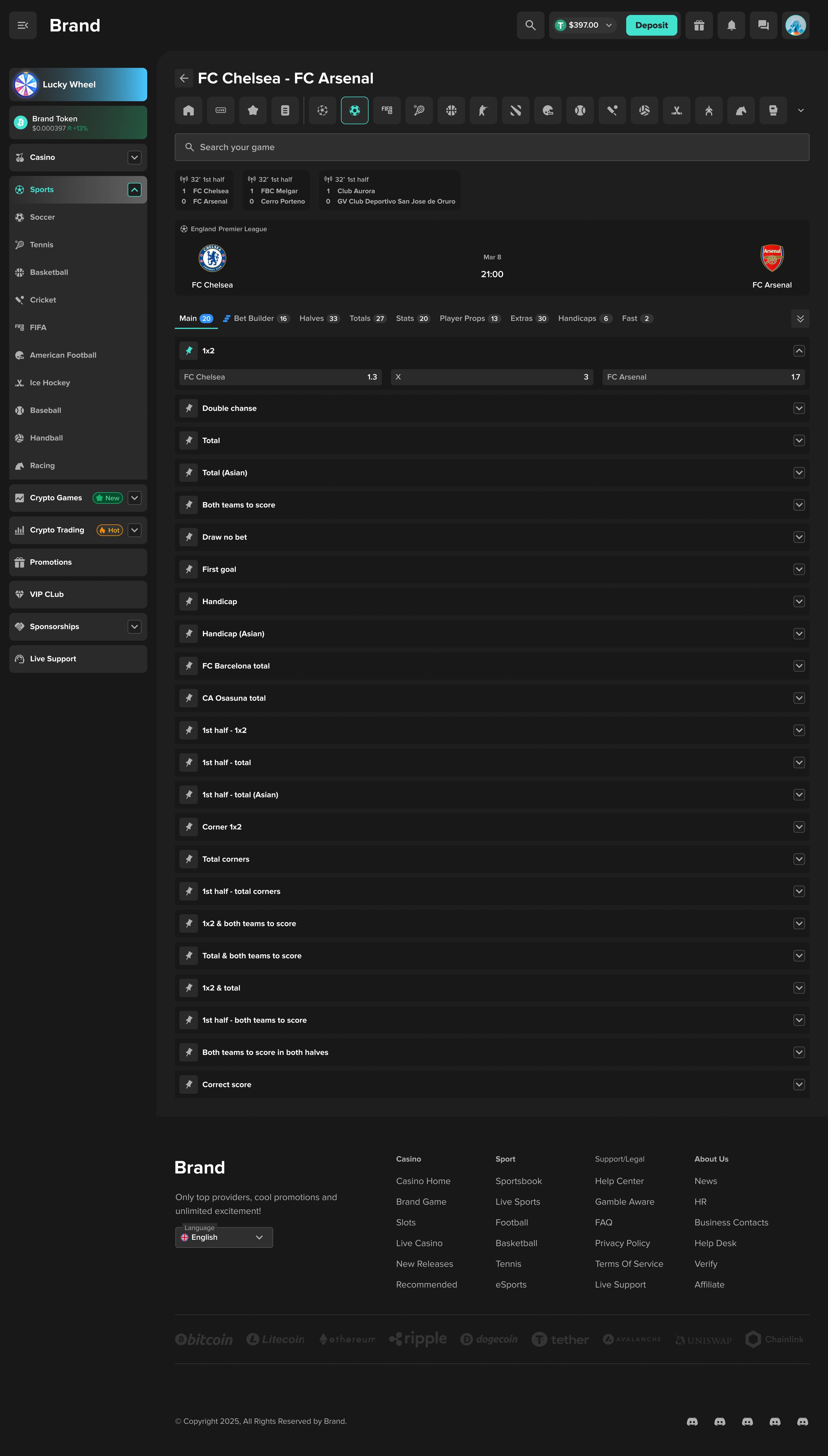 Crypto iGaming event detail page showing match header, market tabs, and long-form market list structure for pre-match selection.