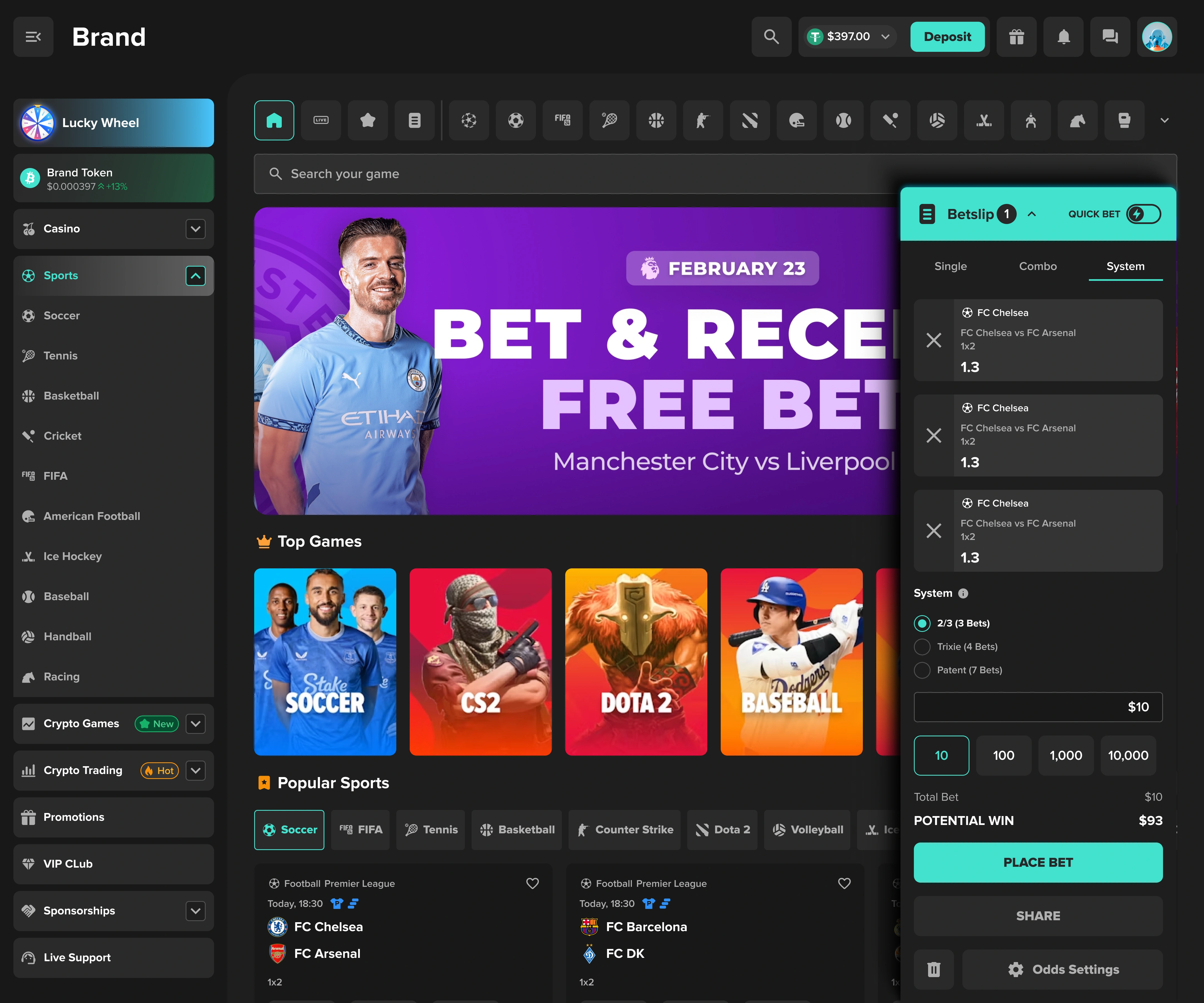 Crypto iGaming betslip system overlay showing system mode, multiple selections, stake entry, potential win, and odds settings controls.