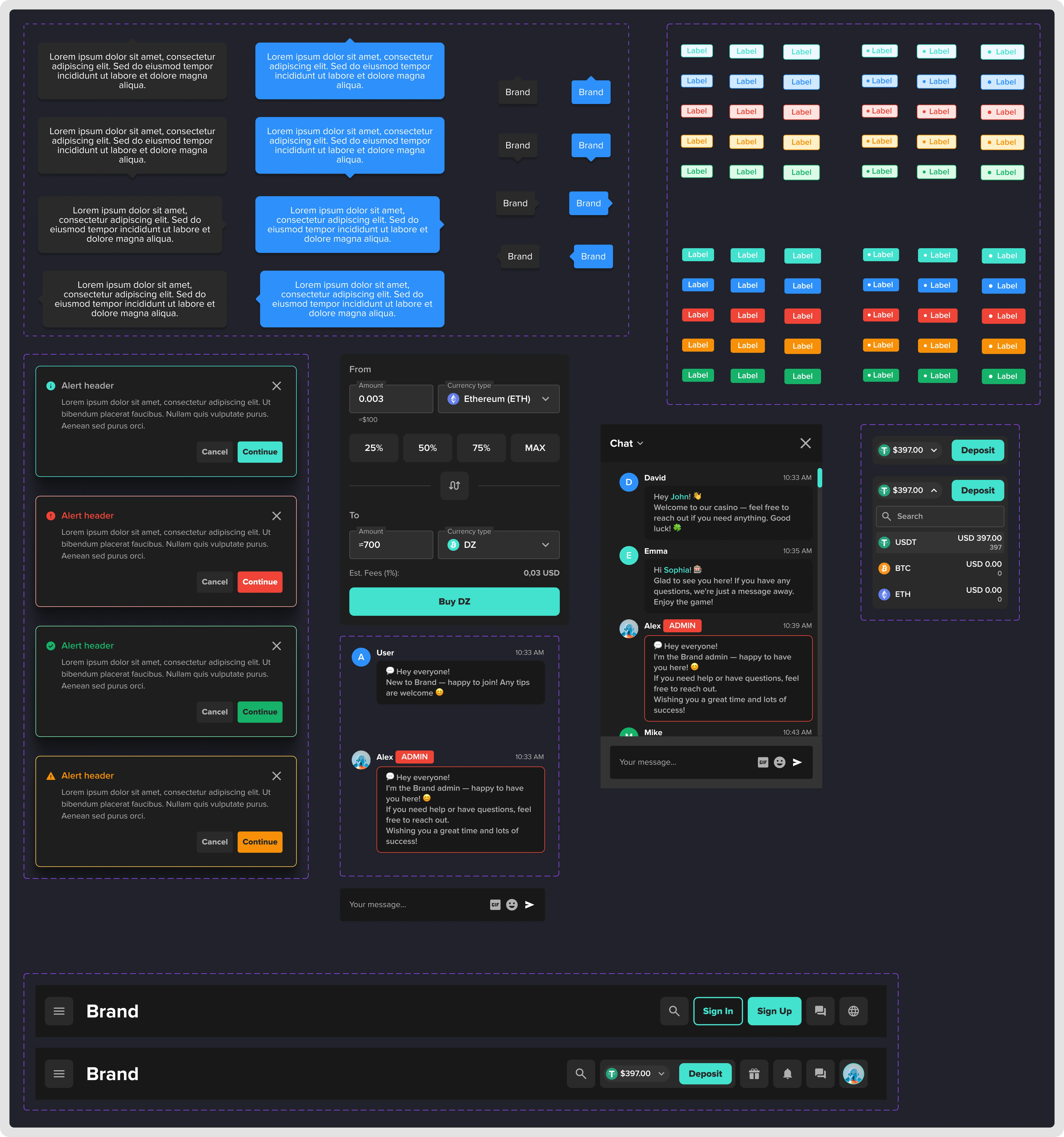 Crypto iGaming component system example board showing desktop navigation, cards, rails, and betslip patterns.