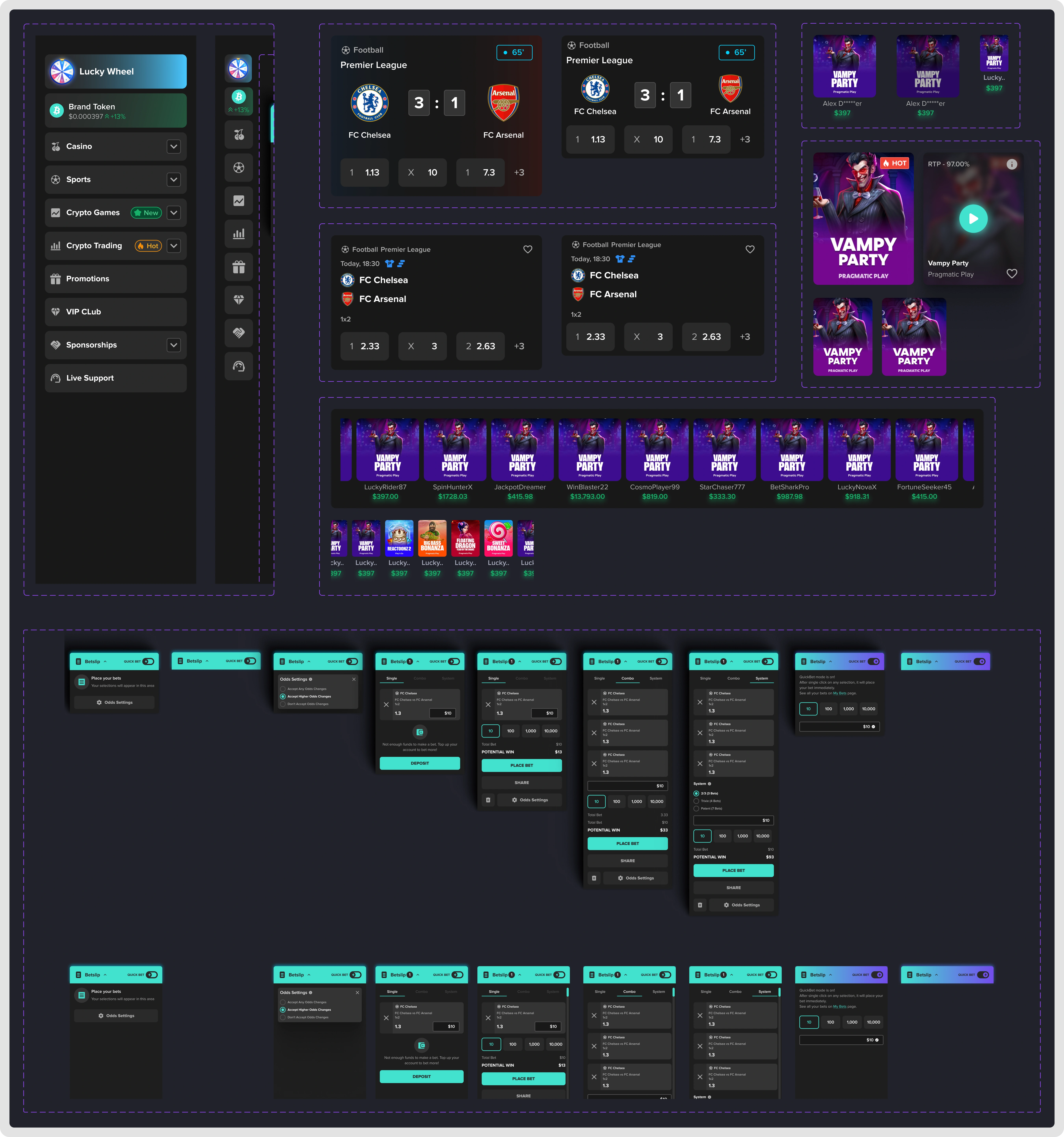 Crypto iGaming component examples board showing alerts, messaging, chip states, wallet form patterns, and top navigation elements.