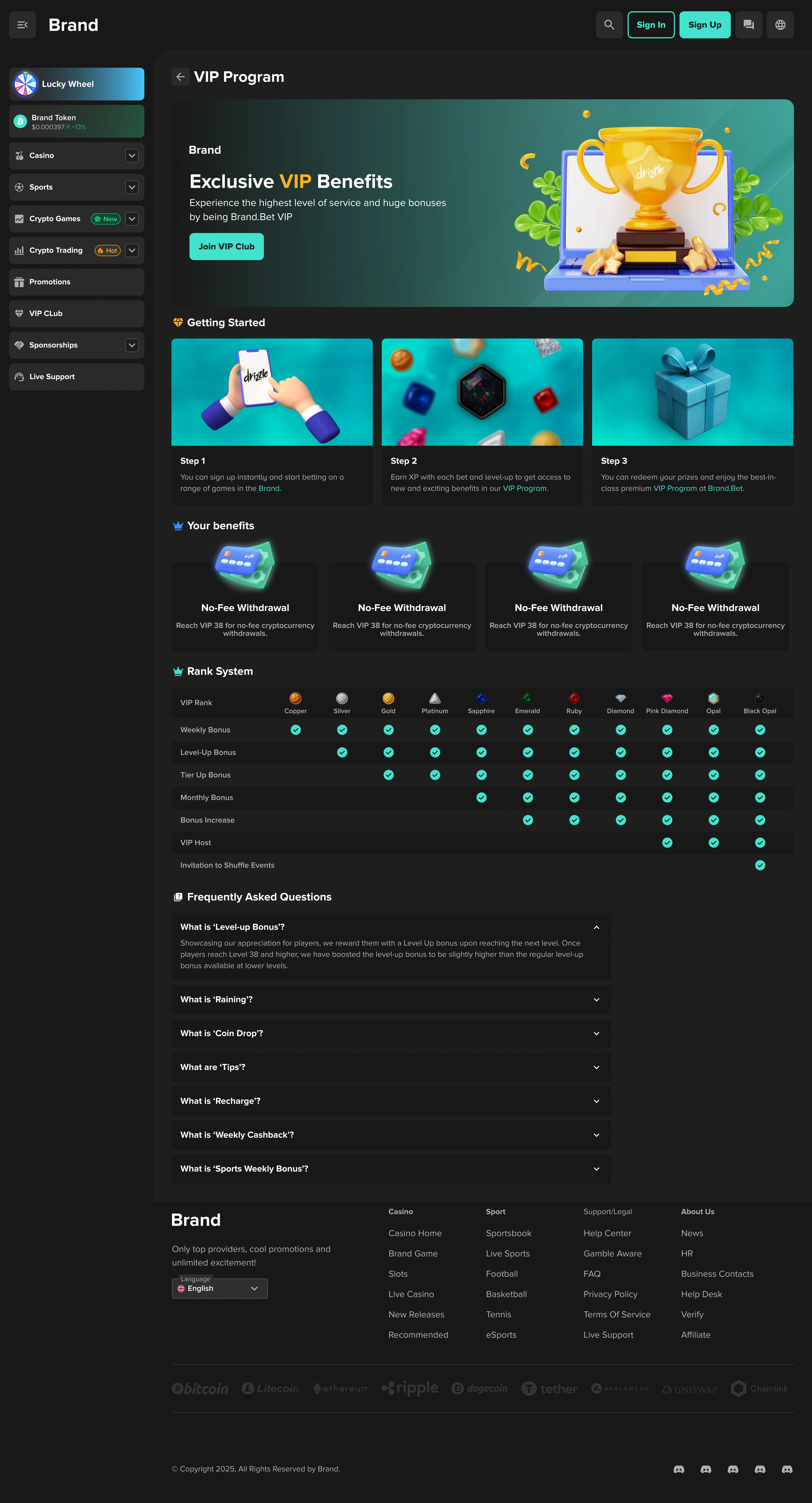 Crypto iGaming VIP Club page showing benefits hero, onboarding steps, rewards, rank matrix, and FAQ structure for loyalty progression.