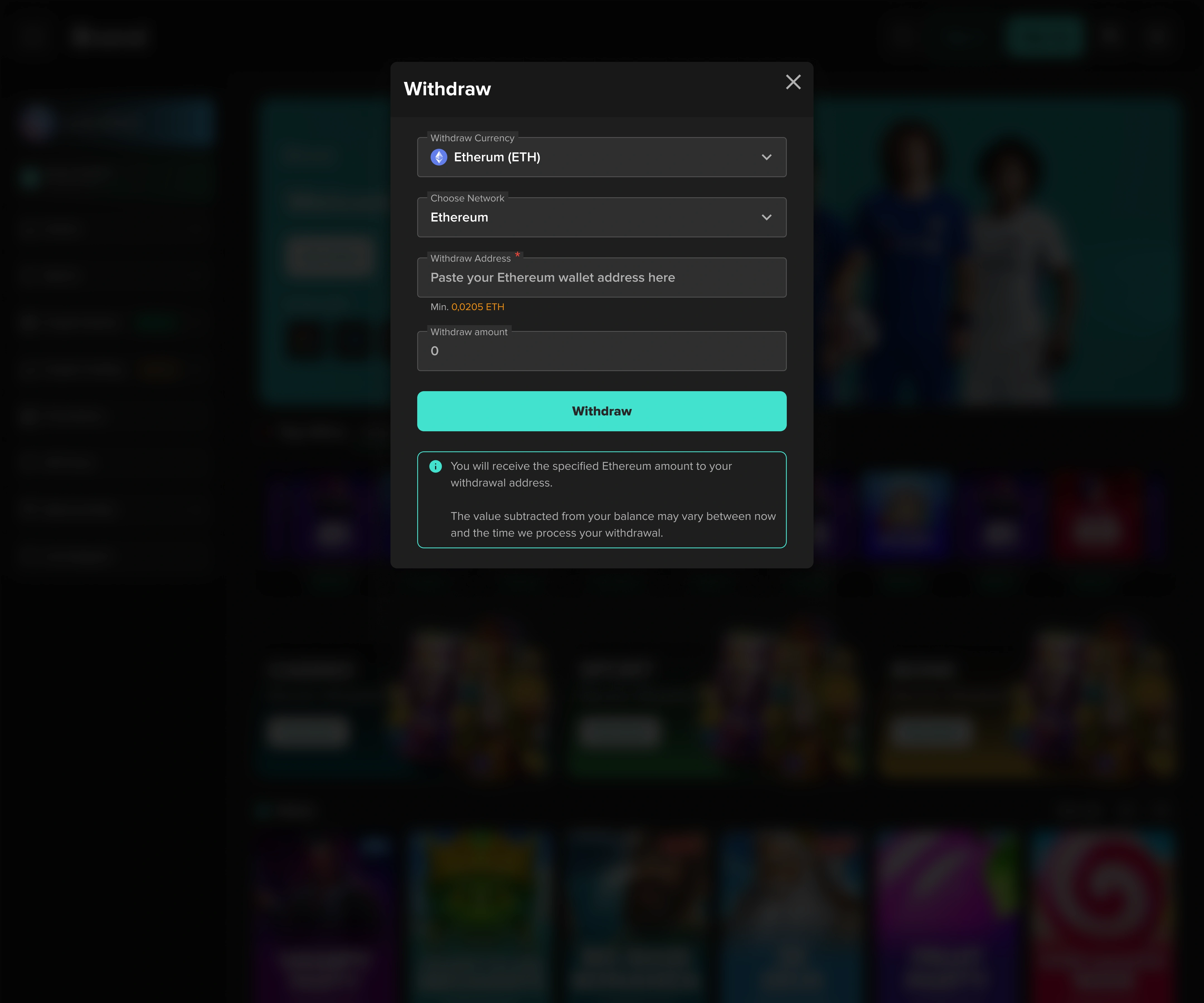 Crypto iGaming withdraw modal showing withdrawal currency, network selection, wallet address, amount entry, and receive-state explanation.