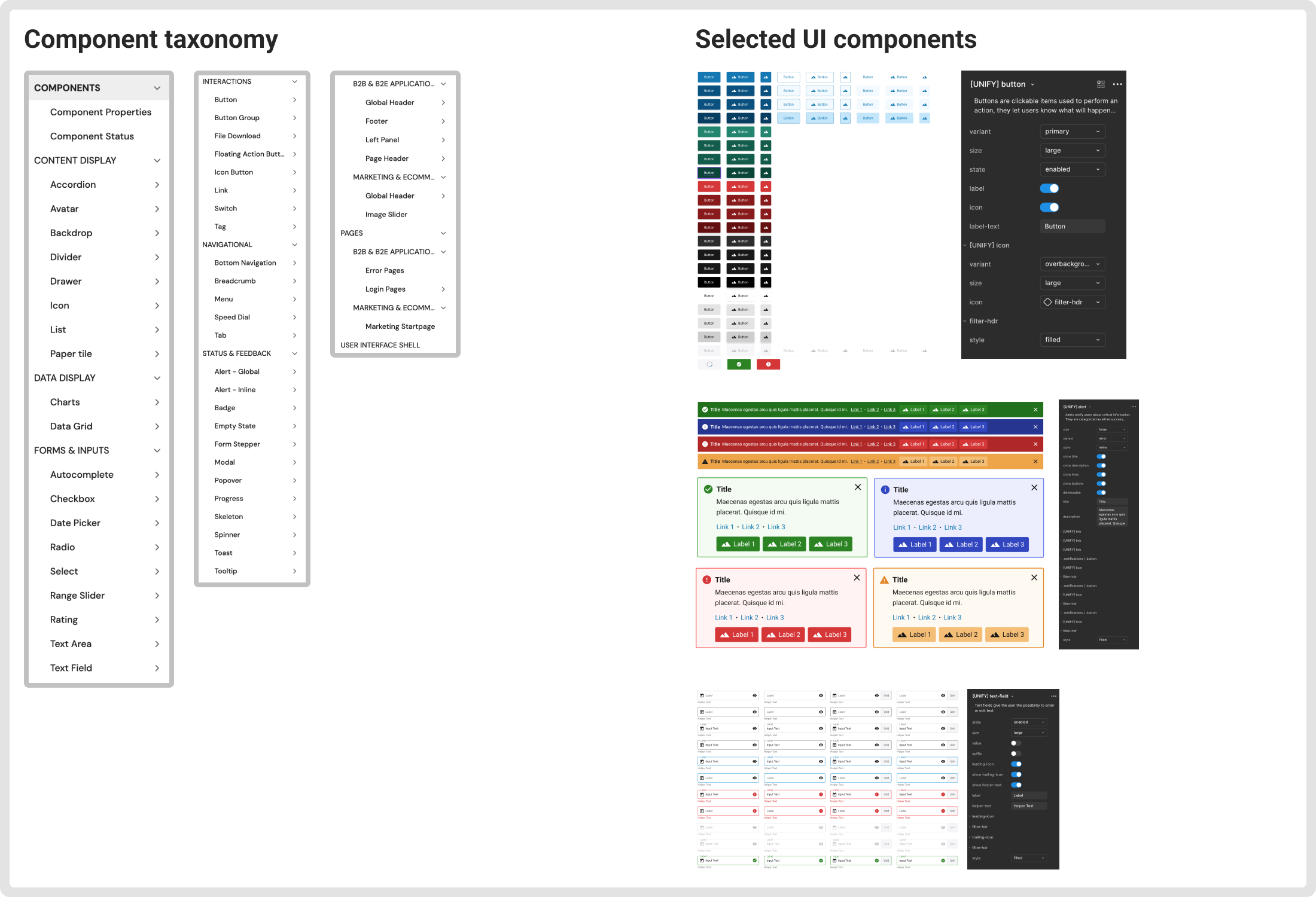 UNIFY component library taxonomy showing category structure and navigation.
